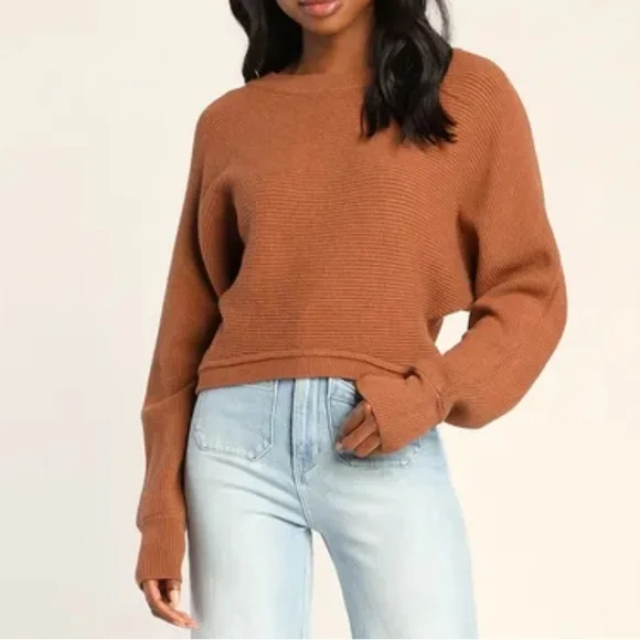 Lulus Fireside Flirt Rust Brown Ribbed Cropped Pullover Sweater size small - Picture 3 of 10